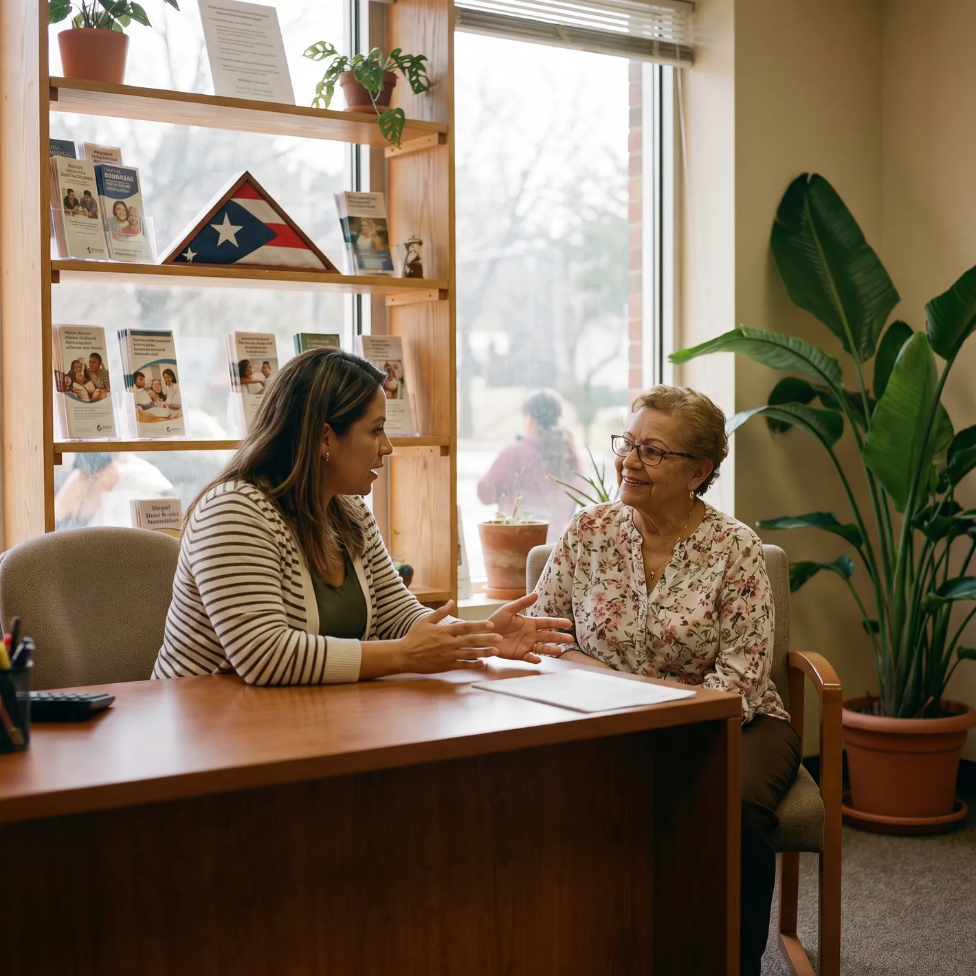 A bilingual care navigator speaking with an elderly patient in a warm, welcoming clinic environment in Puerto Rico