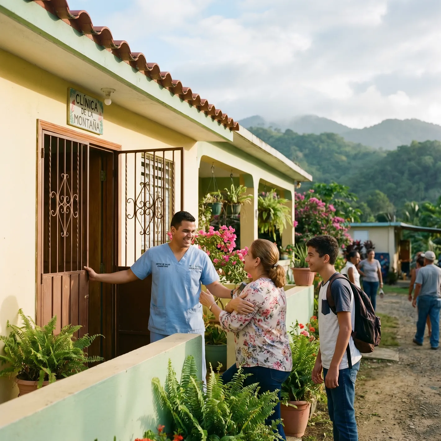 A community health clinic in a Puerto Rico mountain municipality, with staff in scrubs greeting an arriving family at the entrance