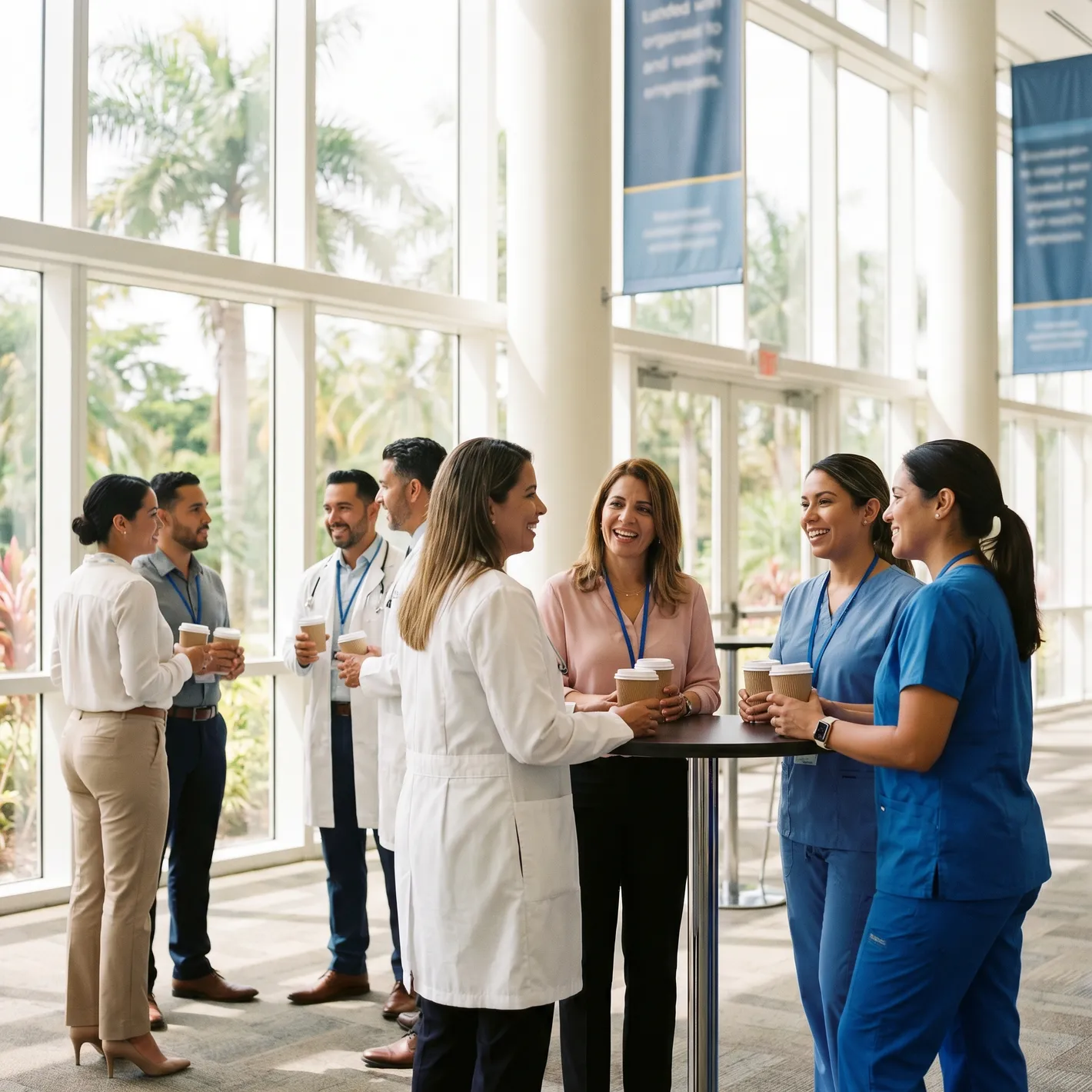Medical professionals networking at a healthcare recruitment event in a modern San Juan conference venue with palm trees visible through windows