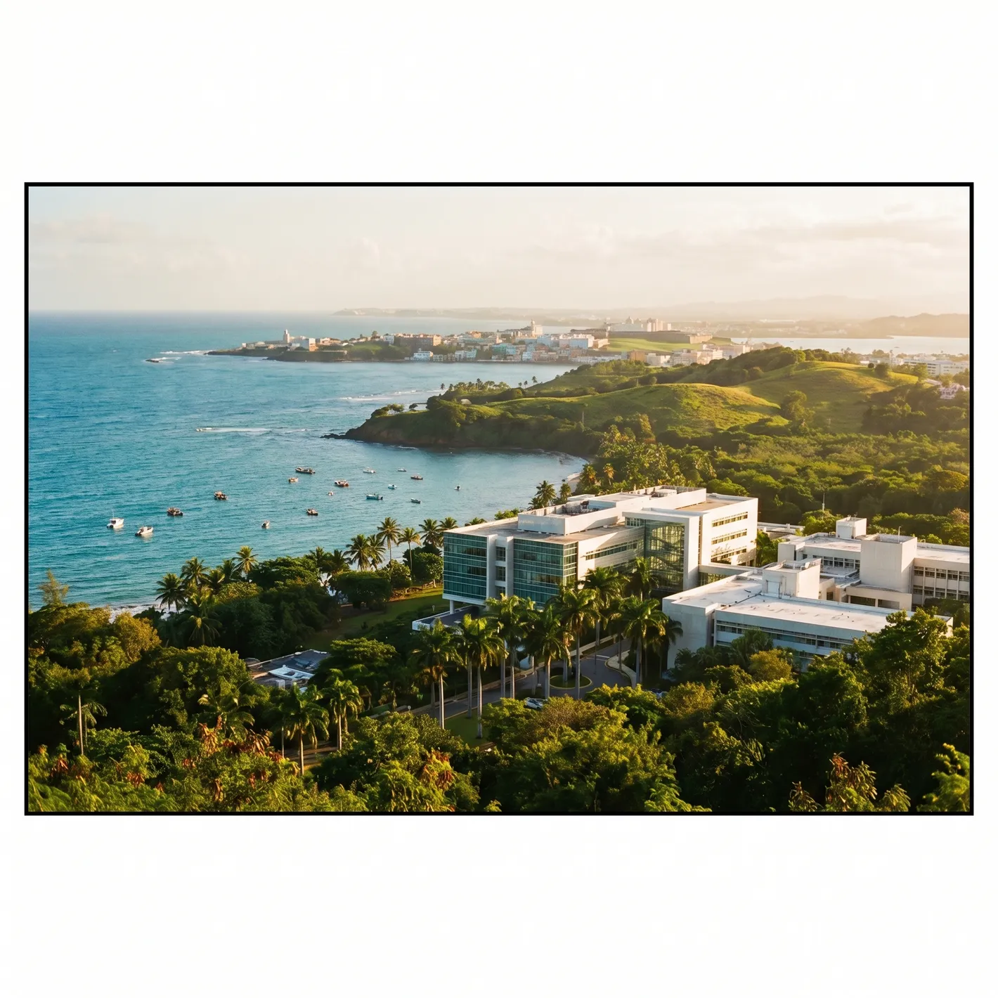 Elevated golden-hour view of a modern medical campus along Puerto Rico's tropical coastline
