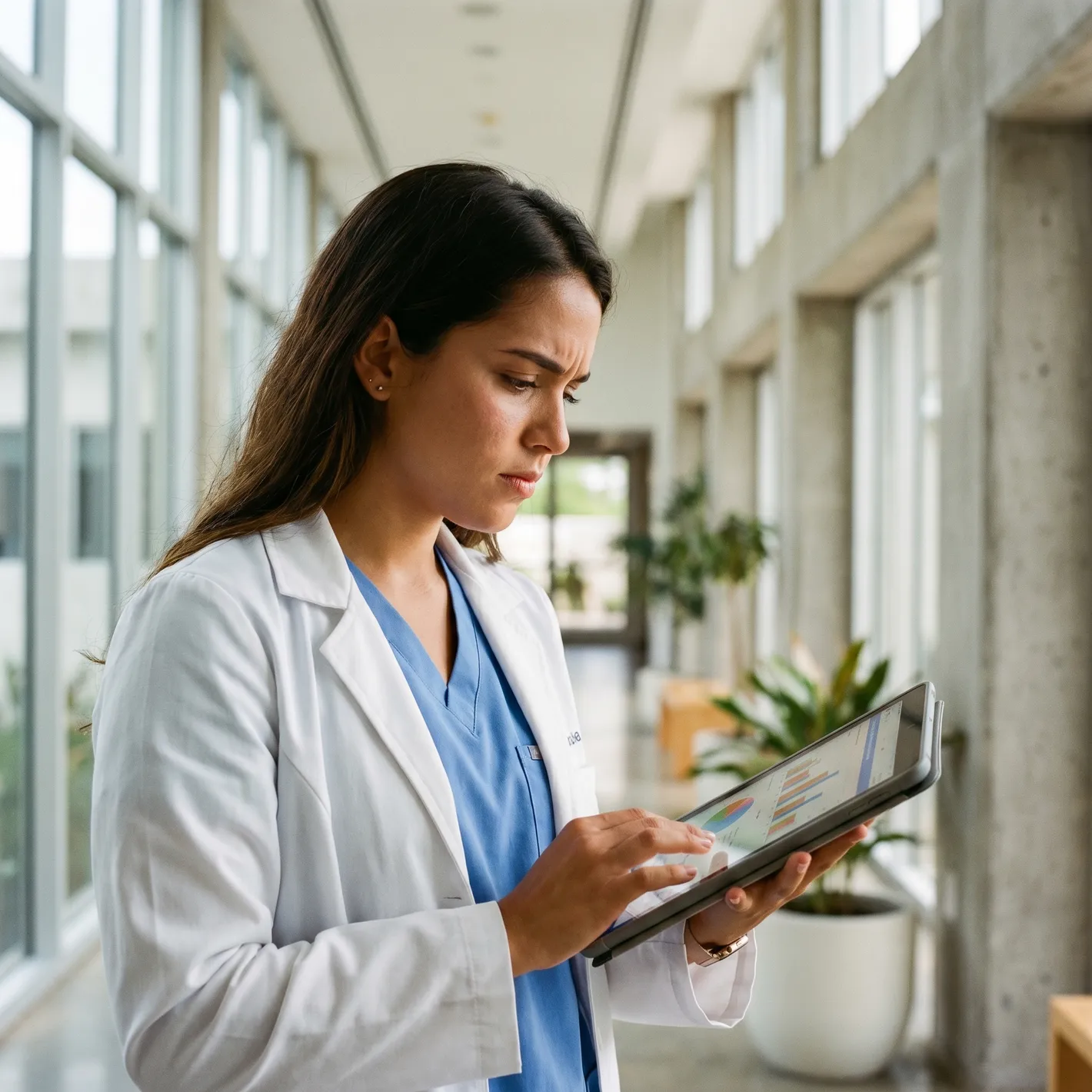 A Latina clinician reviewing patient health data on the MyChron platform tablet in a modern clinical corridor