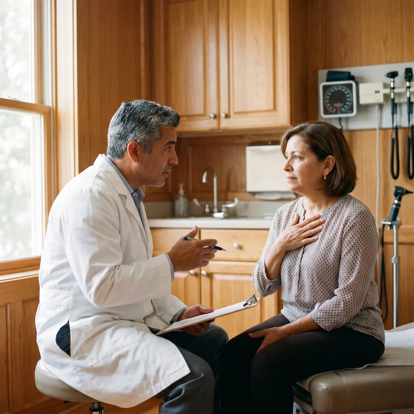 A Latino primary care physician consulting with a patient during a preventive care visit in a warm exam room